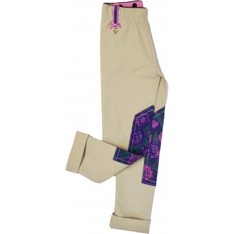Tan pant with violet denim floral