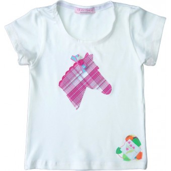 White tee with pink -blue plaid horse